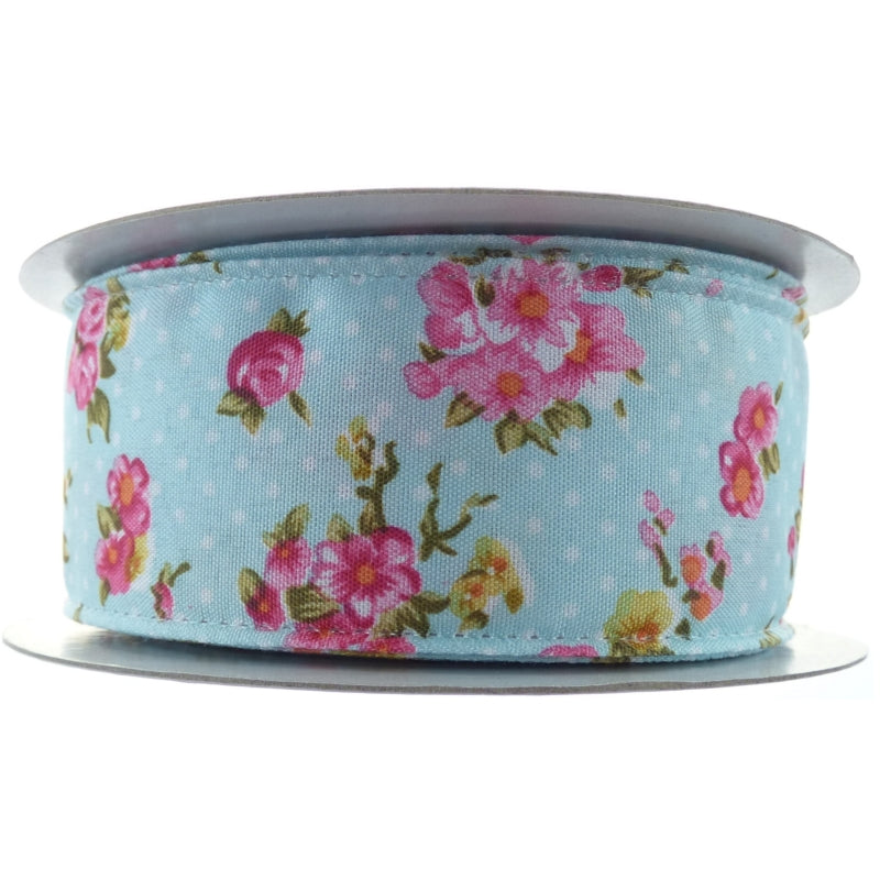 Vintage Flowers And Dots Ribbon 38mm X 10m Light Blue No.25