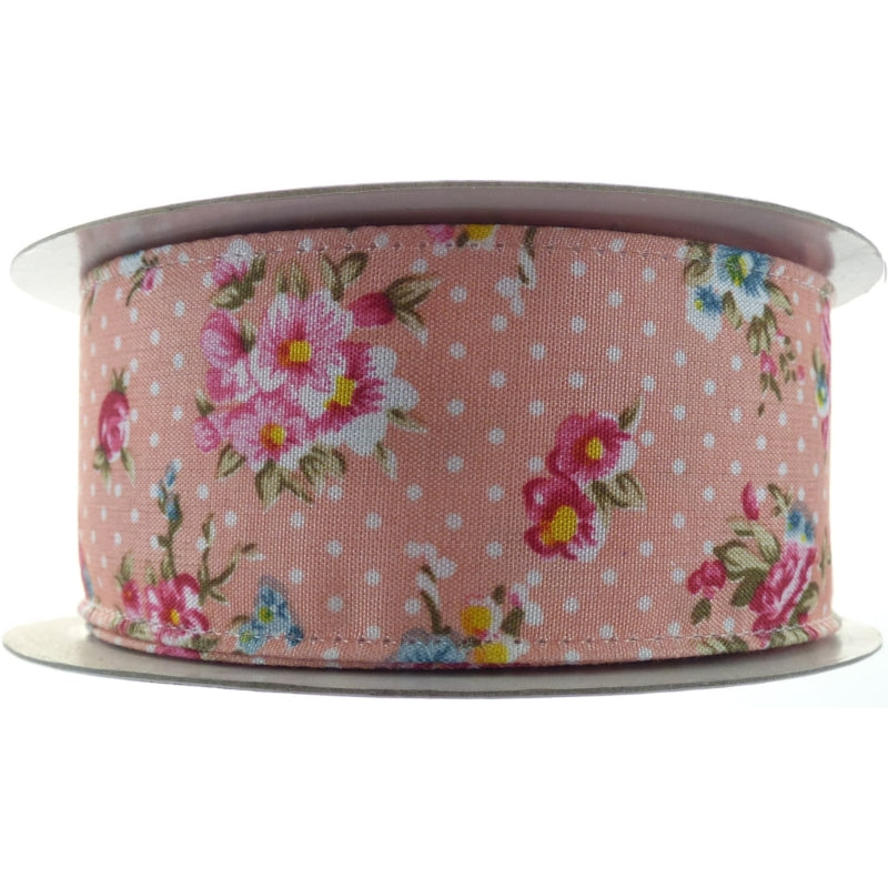 Vintage Flowers And Dots Ribbon 38mm X 10m Classic Pink No.07