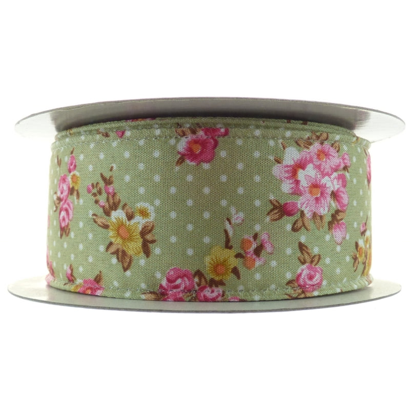 Vintage Flowers And Dots Ribbon 38mm X 10m Green No.50